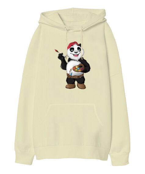 Tisho - Ressam Panda Krem Oversize Unisex Kapüşonlu Sweatshirt