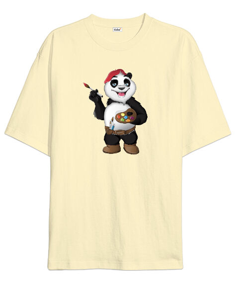 Tisho - Ressam Panda Krem Oversize Unisex Tişört