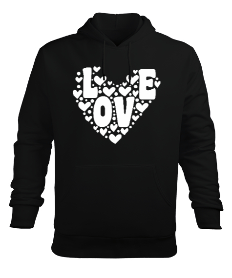 Retro Aşk Kalp Sevgililer Günü 14 Şubat Baskılı Siyah Erkek Kapüşonlu Hoodie Sweatshirt