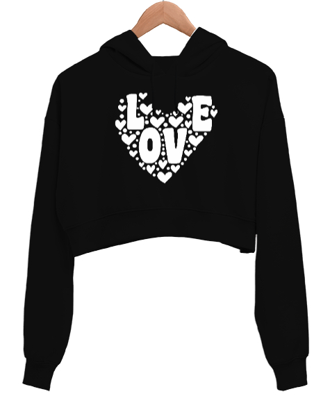 Tisho - Retro Aşk Kalp Sevgililer Günü 14 Şubat Baskılı Siyah Kadın Crop Hoodie Kapüşonlu Sweatshirt