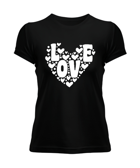 Tisho - Retro Aşk Kalp Sevgililer Günü 14 Şubat Baskılı Siyah Kadın Tişört