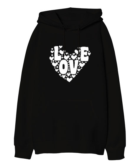 Tisho - Retro Aşk Kalp Sevgililer Günü 14 Şubat Baskılı Siyah Oversize Unisex Kapüşonlu Sweatshirt