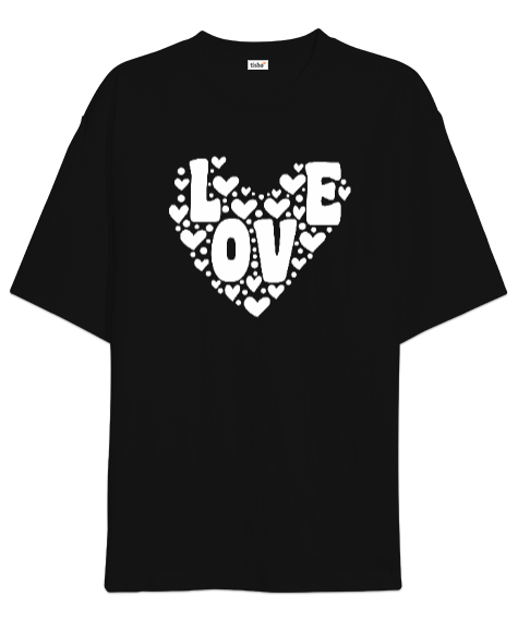 Tisho - Retro Aşk Kalp Sevgililer Günü 14 Şubat Baskılı Siyah Oversize Unisex Tişört