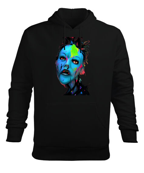 Tisho - Retro Renkli Korkunç Zombi Siyah Erkek Kapüşonlu Hoodie Sweatshirt