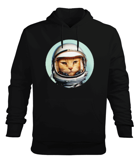 Tisho - Retro Space Cat Baskılı Siyah Erkek Kapüşonlu Hoodie Sweatshirt