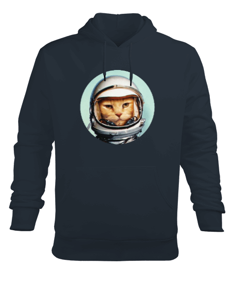 Tisho - Retro Space Cat Uzay Kedisi Baskılı Füme Erkek Kapüşonlu Hoodie Sweatshirt