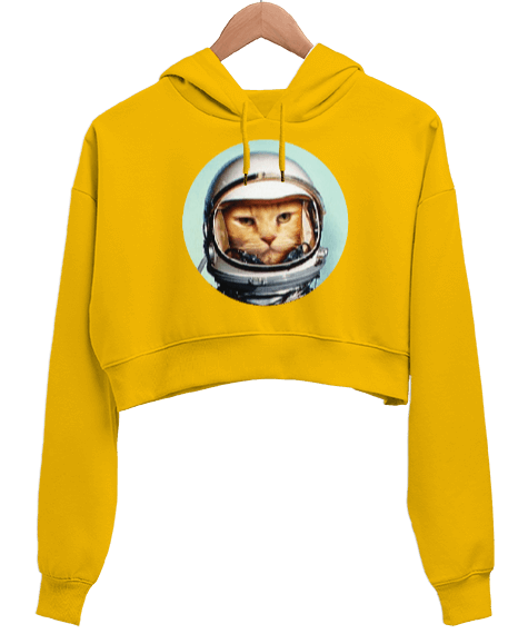 Tisho - Retro Space Cat Uzay Kedisi Baskılı Sarı Kadın Crop Hoodie Kapüşonlu Sweatshirt