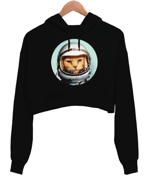Tisho - Retro Space Cat Uzay Kedisi Baskılı Siyah Kadın Crop Hoodie Kapüşonlu Sweatshirt