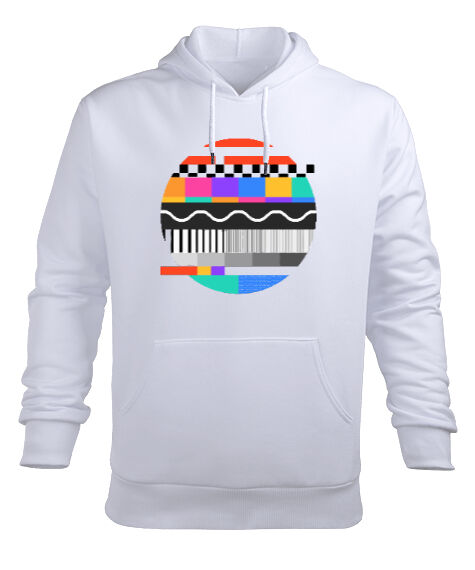 Tisho - Retro TV Sinyali Beyaz Erkek Kapüşonlu Hoodie Sweatshirt