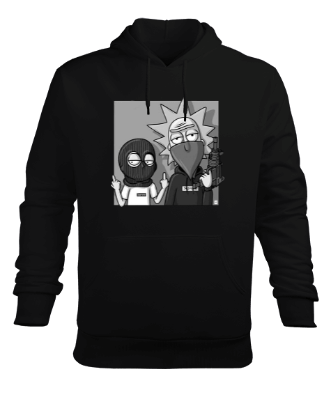 Tisho - Rick And Morty Baskılı Siyah Erkek Kapüşonlu Hoodie Sweatshirt