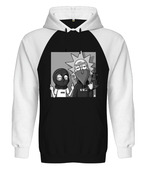 Tisho - Rick And Morty Baskılı Siyah/Beyaz Orjinal Reglan Hoodie Unisex Sweatshirt