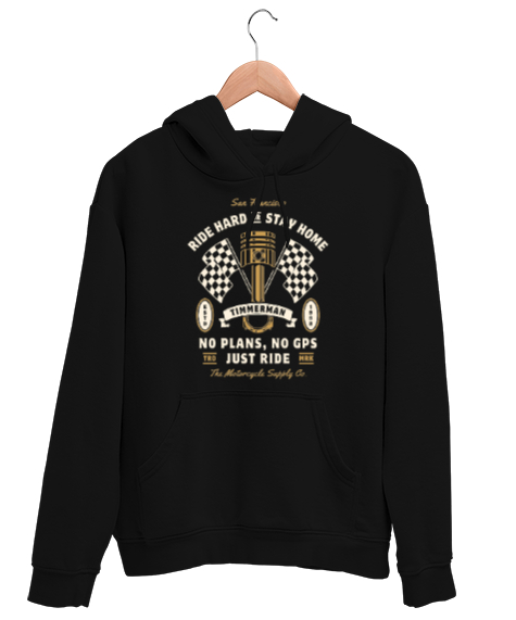 Tisho - RIDE HARD or STAY HOME Siyah Unisex Kapşonlu Sweatshirt