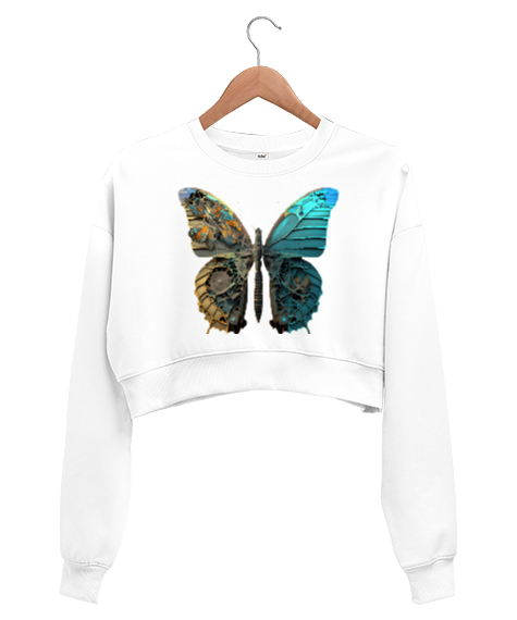 Tisho - robotik kelebek Beyaz Kadın Crop Sweatshirt