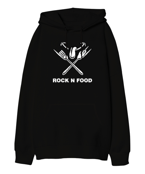 Tisho - Rock And Food Siyah Oversize Unisex Kapüşonlu Sweatshirt