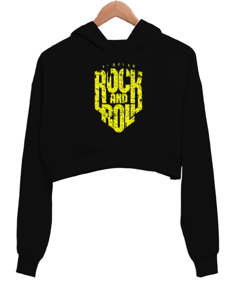Tisho - Rock and Roll Forever Baskılı Siyah Kadın Crop Hoodie Kapüşonlu Sweatshirt