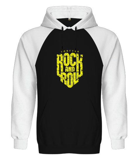 Tisho - Rock and Roll Forever Baskılı Siyah/Beyaz Orjinal Reglan Hoodie Unisex Sweatshirt