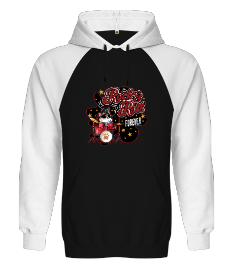 Tisho - Rock and Roll Forever Kedi Baskılı Siyah/Beyaz Orjinal Reglan Hoodie Unisex Sweatshirt
