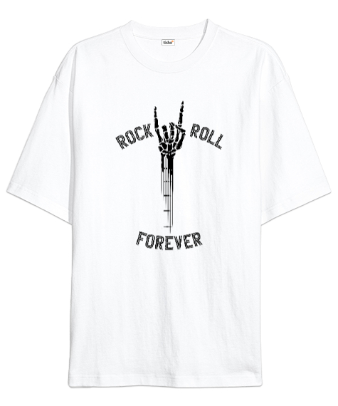 Tisho - Rock And Roll Forever - Skeleton Hand Guitar - Rock And Roll - İsklet El Beyaz Oversize Unisex Tişört