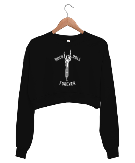 Tisho - Rock And Roll Forever - Skeleton Hand Guitar - Rock And Roll - İsklet El Siyah Kadın Crop Sweatshirt