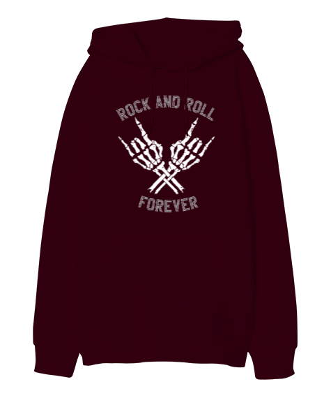 Tisho - Rock And Roll Forever V1 Bordo Oversize Unisex Kapüşonlu Sweatshirt