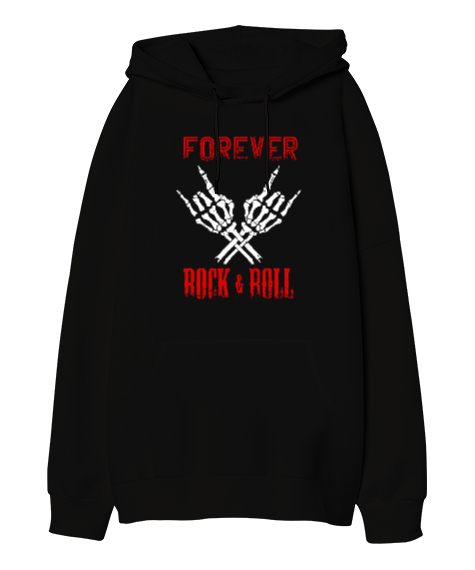 Tisho - Rock And Roll Forever V2 Siyah Oversize Unisex Kapüşonlu Sweatshirt