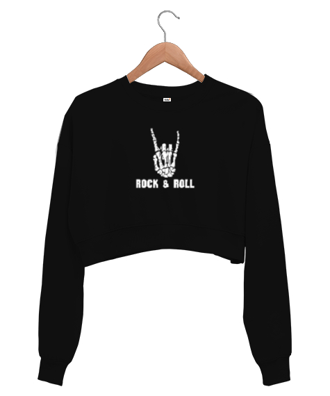 Tisho - Rock and Roll İskelet El Siyah Kadın Crop Sweatshirt