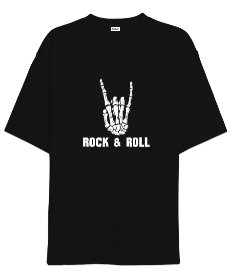 Tisho - Rock and Roll İskelet El Siyah Oversize Unisex Tişört