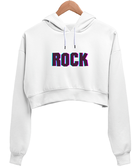 Tisho - Rock Baskılı Beyaz Kadın Crop Hoodie Kapüşonlu Sweatshirt