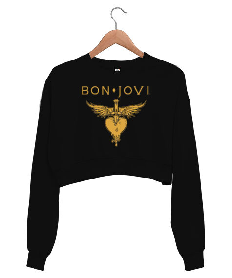 Tisho - Rock Bonjovi Siyah Kadın Crop Sweatshirt