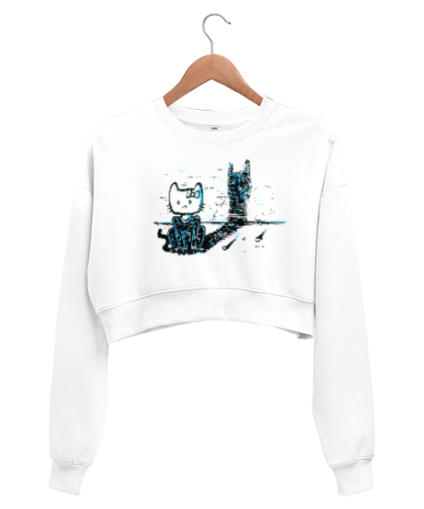 Tisho - Rock Cat - Rock N Roll Kedi Beyaz Kadın Crop Sweatshirt