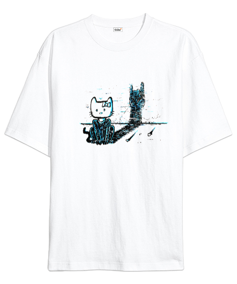Tisho - Rock Cat - Rock N Roll Kedi Beyaz Oversize Unisex Tişört