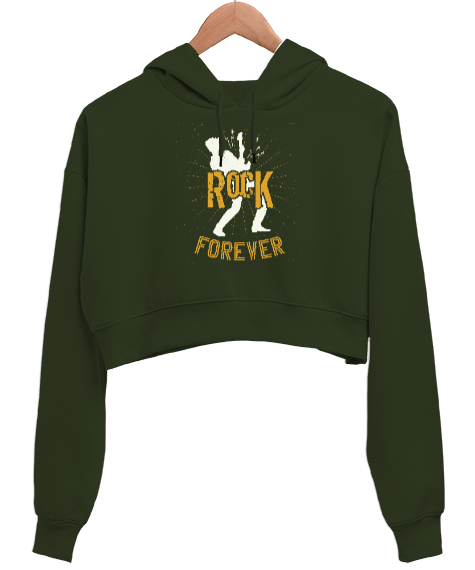 Tisho - Rock Forever Haki Yeşili Kadın Crop Hoodie Kapüşonlu Sweatshirt