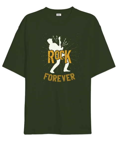 Tisho - Rock Forever Haki Yeşili Oversize Unisex Tişört