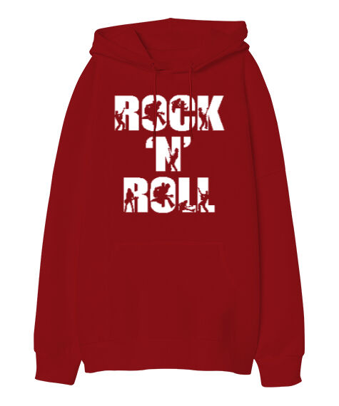 Tisho - Rock N Roll Kırmızı Oversize Unisex Kapüşonlu Sweatshirt