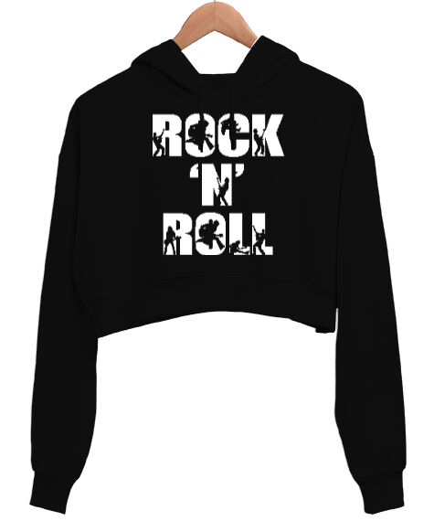 Tisho - Rock N Roll Siyah Kadın Crop Hoodie Kapüşonlu Sweatshirt