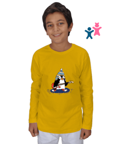 rock penguen baskılı uzun kollu sarı tişört Çocuk Unisex Uzunkollu - Tisho
