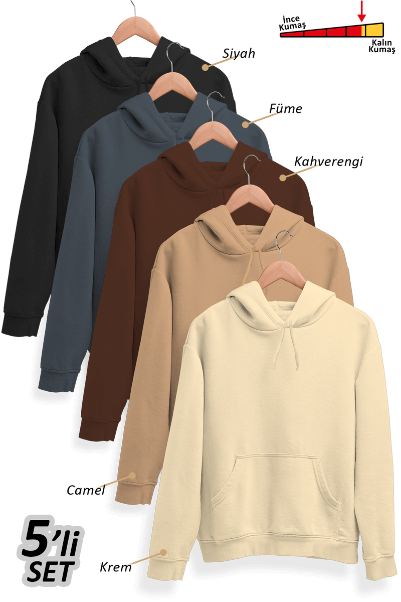 5'li Kışlık Unisex Kapşonlu Sweatshirt Seti (Siyah, Füme, Kahverengi, Camel, Krem)