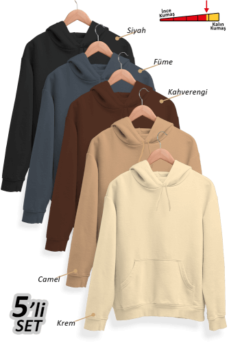 Tisho - 5'li Kışlık Unisex Kapşonlu Sweatshirt Seti (Siyah, Füme, Kahverengi, Camel, Krem)