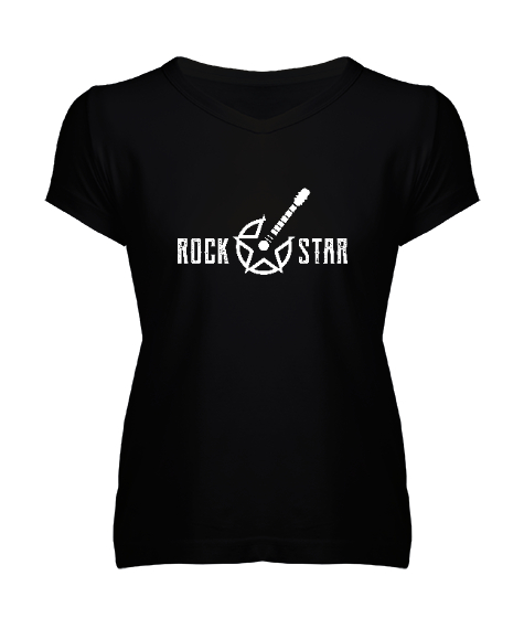 Tisho - Rock Star - Yıldız Siyah Kadın V Yaka Tişört