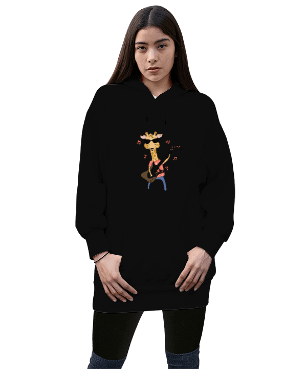 Tisho - Rockçı zürafa Kadın Uzun Hoodie Kapüşonlu Sweatshirt