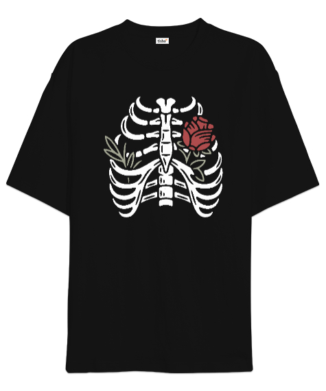 Tisho - Rose Chest Siyah Oversize Unisex Tişört