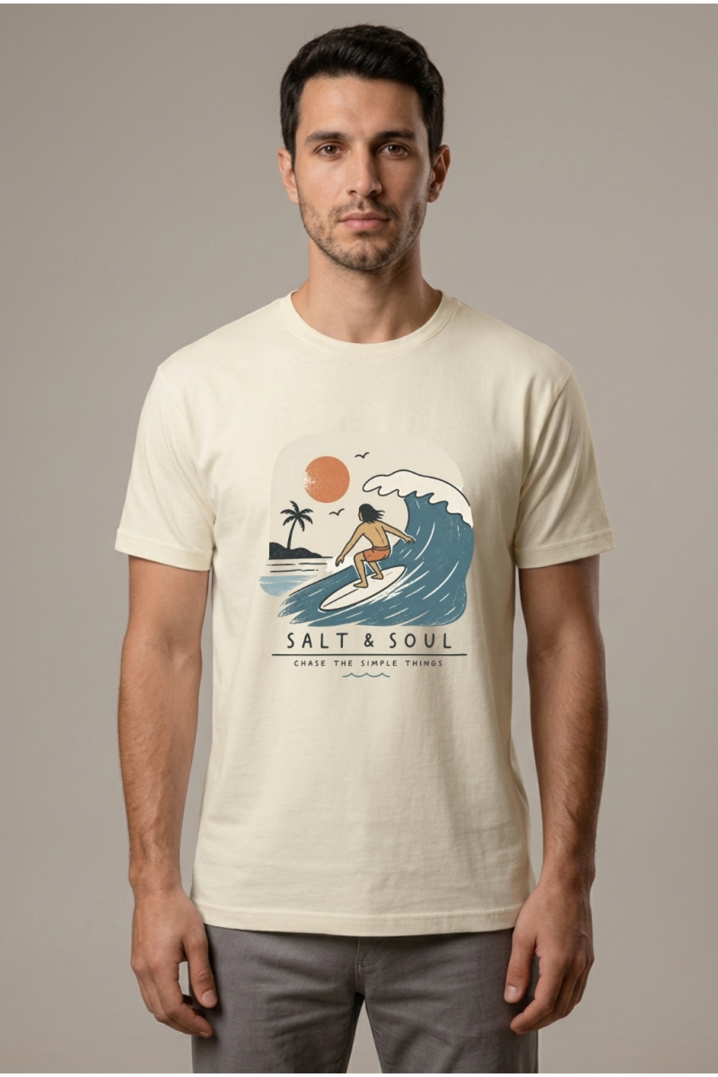 Salt and Soul Baskılı Erkek Bisiklet Yaka Tişört Krem %100 Pamuk - Tisho