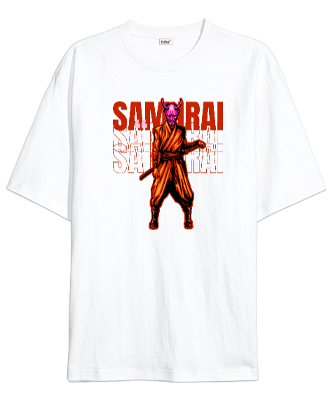 Tisho - Samurai - Maskeli Samuray Beyaz Oversize Unisex Tişört