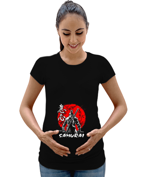 Tisho - Samurai ninja baskılı Siyah Kadın Hamile Tişört