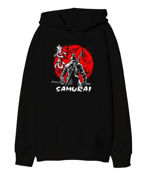 Tisho - Samurai ninja baskılı Siyah Oversize Unisex Kapüşonlu Sweatshirt
