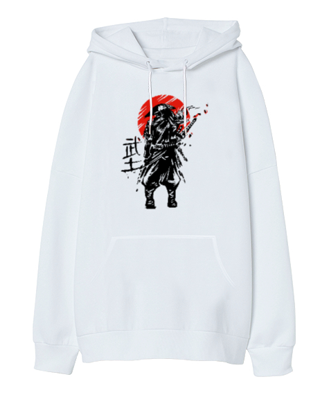 Tisho - Samurai - Samuray Blu V5 Beyaz Oversize Unisex Kapüşonlu Sweatshirt