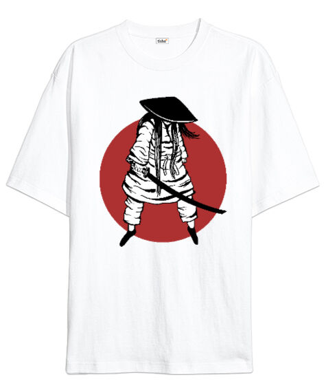 Tisho - Samuray Japon Kız Katana Beyaz Oversize Unisex Tişört
