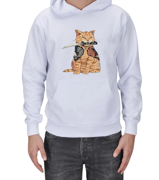 Tisho - Samuray Kedi Beyaz Sweat Shirt Erkek Kapşonlu