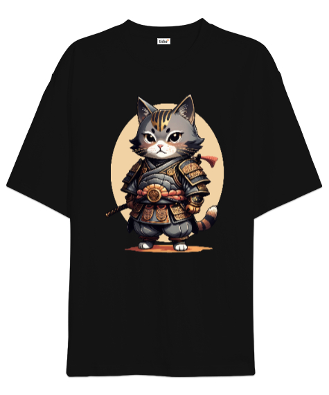 Samuray Kedi Siyah Oversize Unisex Tişört - Tisho