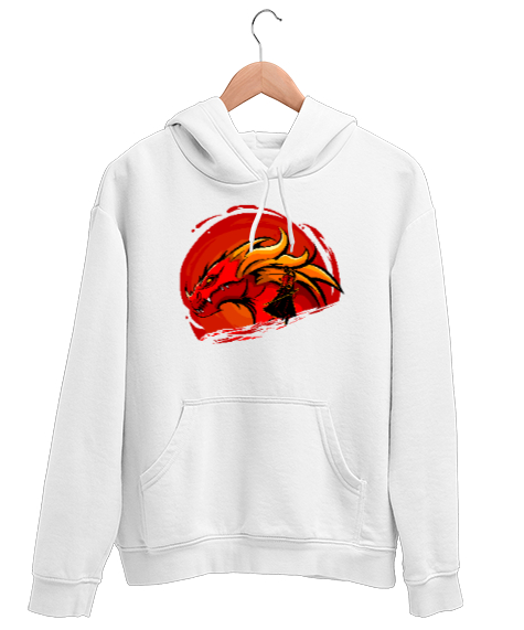 Tisho - Samuray ve Ejderha - Dragon Beyaz Unisex Kapşonlu Sweatshirt